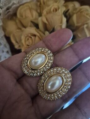 Vintage Gold & Pearl Oval Clip-On Earrings with Clear Crystals